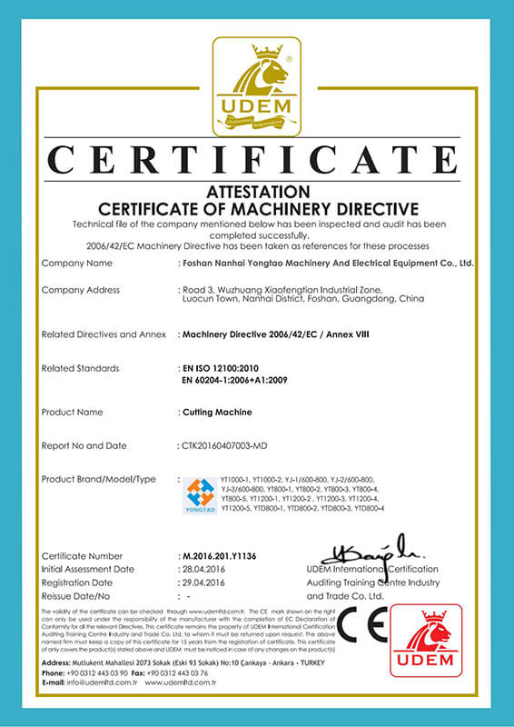 CE certification supplied by Yongtao